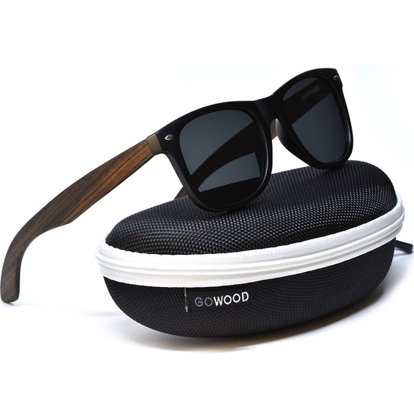 Ebony Wood Sunglasses Inside a Zipper Case