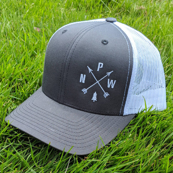 PNW ARROWS | CURVED BILL TRUCKER CAP BLACK-WHITE