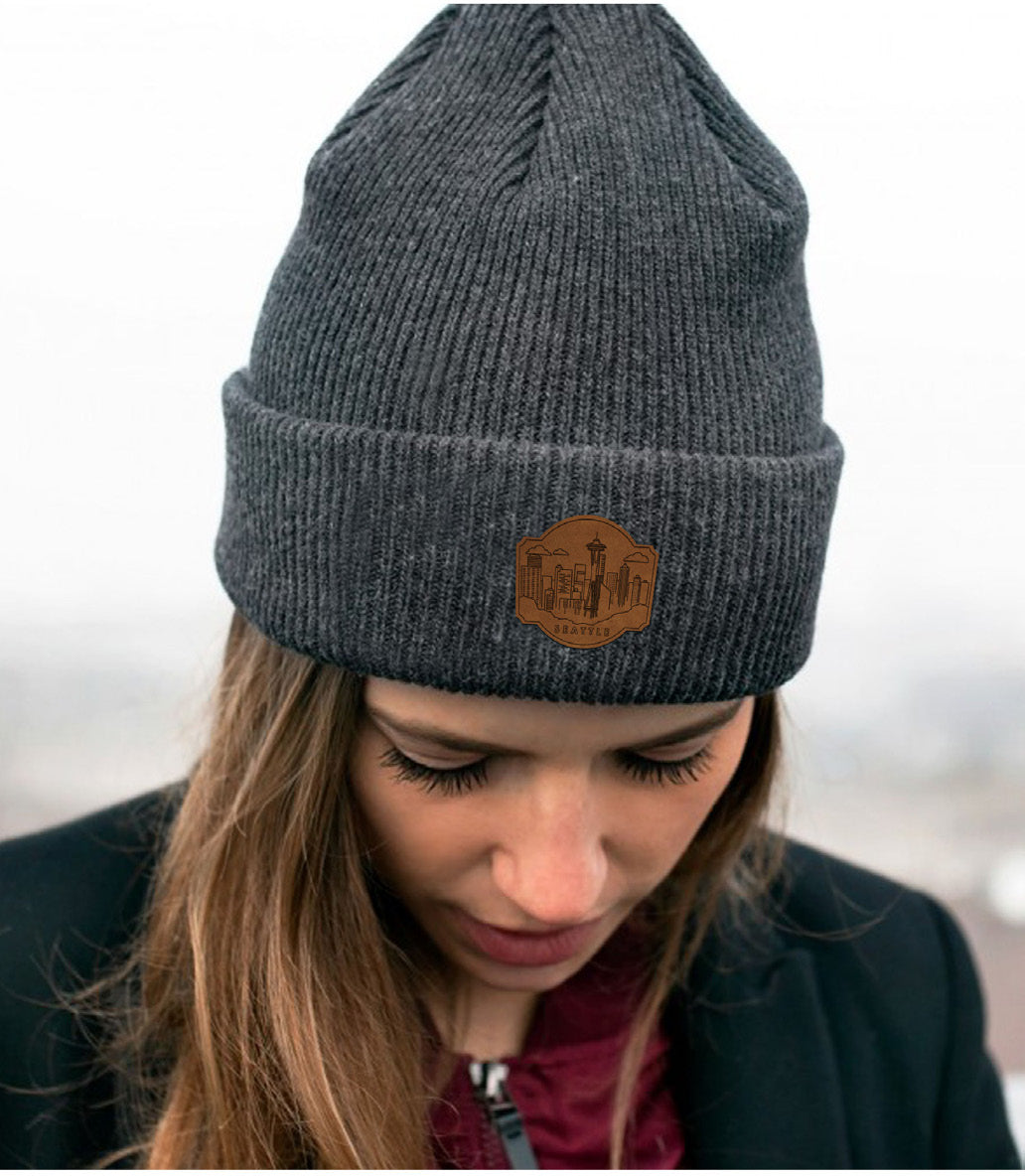 Seattle, Washington Beanie - Adult Leather Stamped Skyline Knit