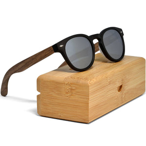 Round Walnut Wood Sunglasses With Silver Mirrored Lenses